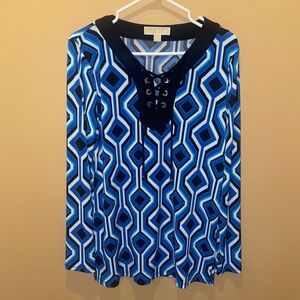 MICHAEL KORS Amalfi Blue Black Geometric Silk Blouse Long Sleeve Top Shirt